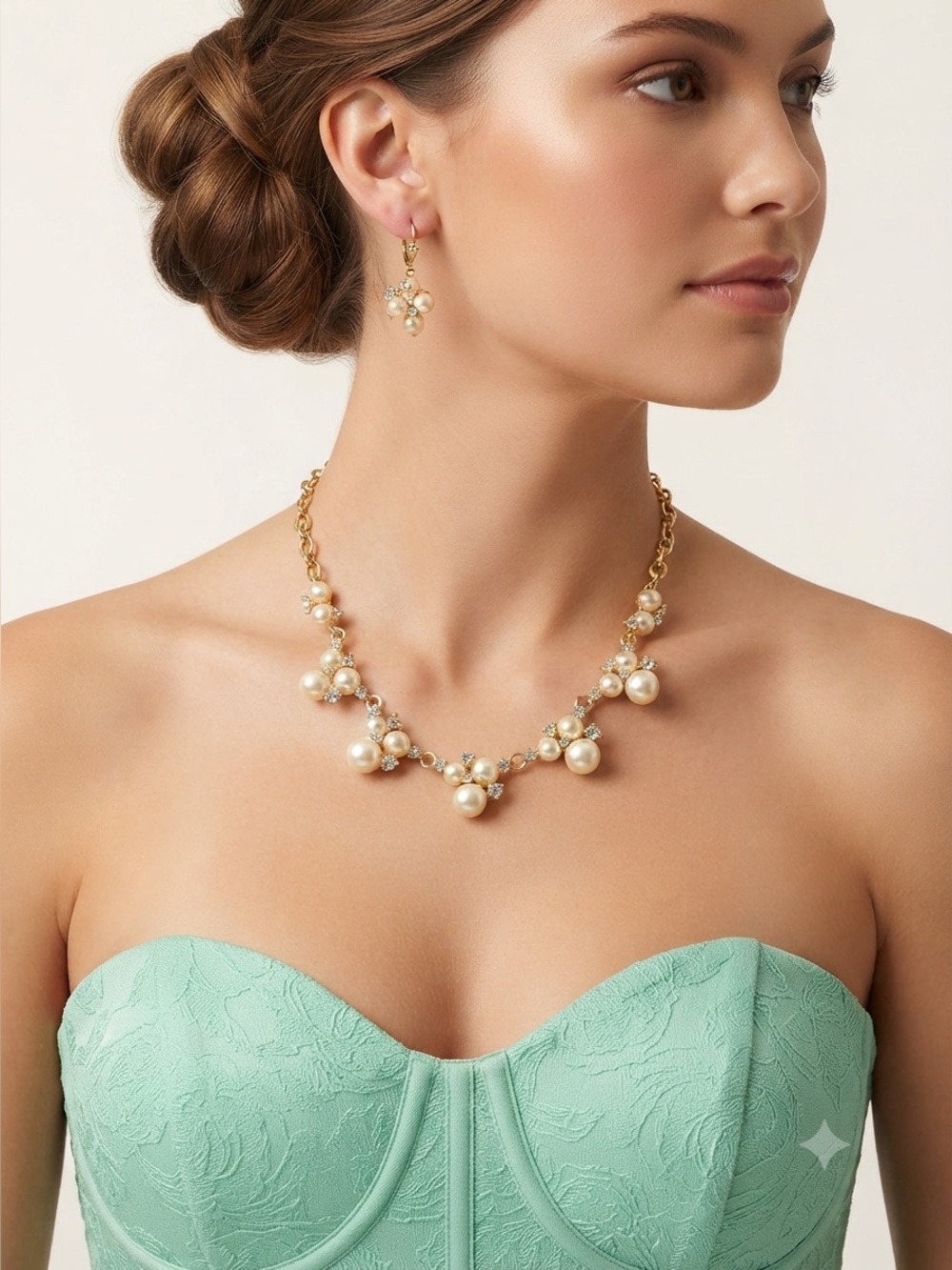 Pearl Rhinestone Jewelry Set | Gold Cluster Necklace & Earrings